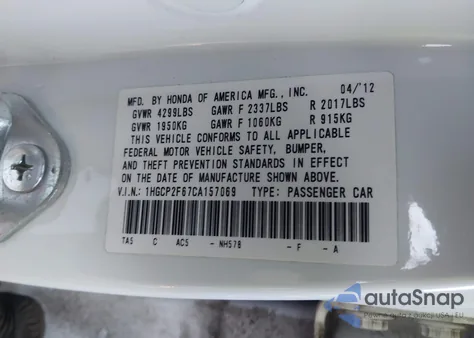 2012 Honda Accord 2.4 Se from USA, damaged, VIN 1HGCP2F67CA157069